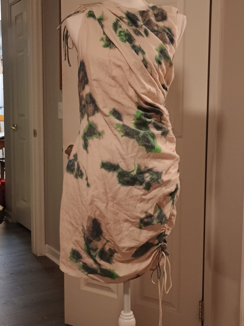 Zara Cream One-Shoulder Tie-Dye Dress with Green and Gray Accents